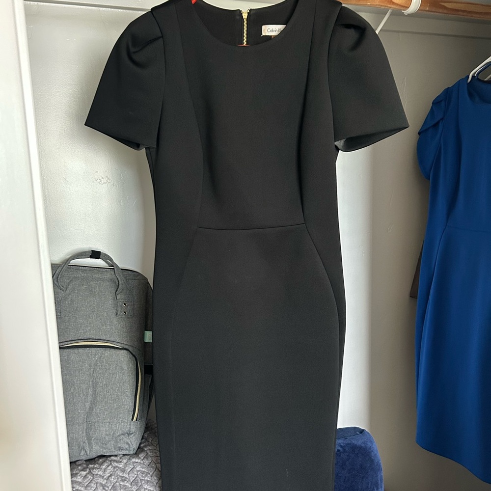 Calvin Klein Black Sheath Dress Puff Sleeve Crew Neck